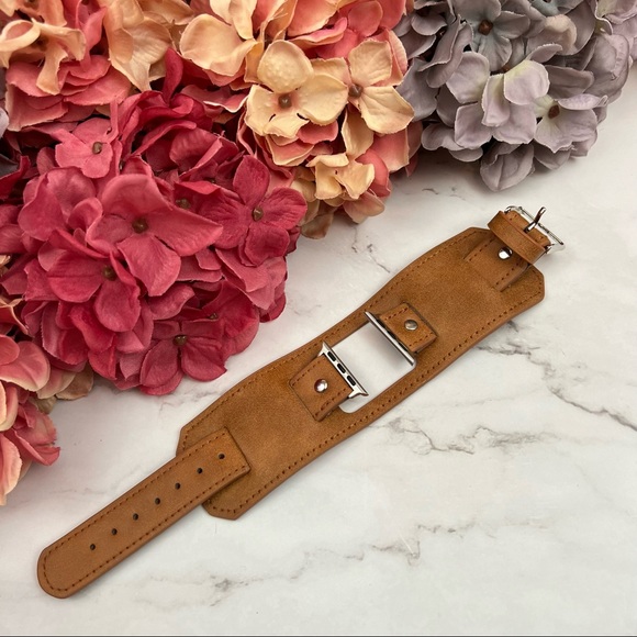 Caramel Brown Double Cuff Leather Watchband for Apple iWatch - Picture 6 of 15